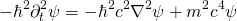 \begin{equation*} - \hbar ^ { 2 } \partial _ { t } ^ { 2 } \psi = - \hbar ^ { 2 } c ^ { 2 } \nabla ^ { 2 } \psi + m ^ { 2 } c ^ { 4 } \psi \end{equation*}